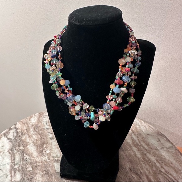 3x25* Multicolor 5 Strand Beaded Gemstone & Glass Beads Chocker Necklace Vibrant - Picture 13 of 16